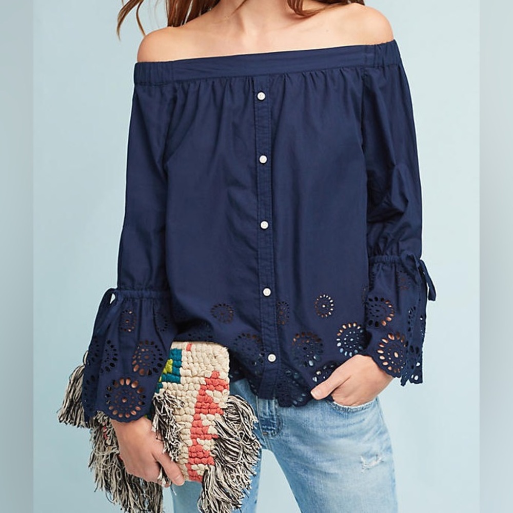 Navy Off-Shoulder Eyelet Hem Button-Front Blouse